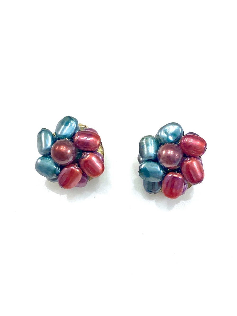 Vintage Signed Hong Kong Blue & Plum Burgundy Faux Pearl Cluster Clip Earrings